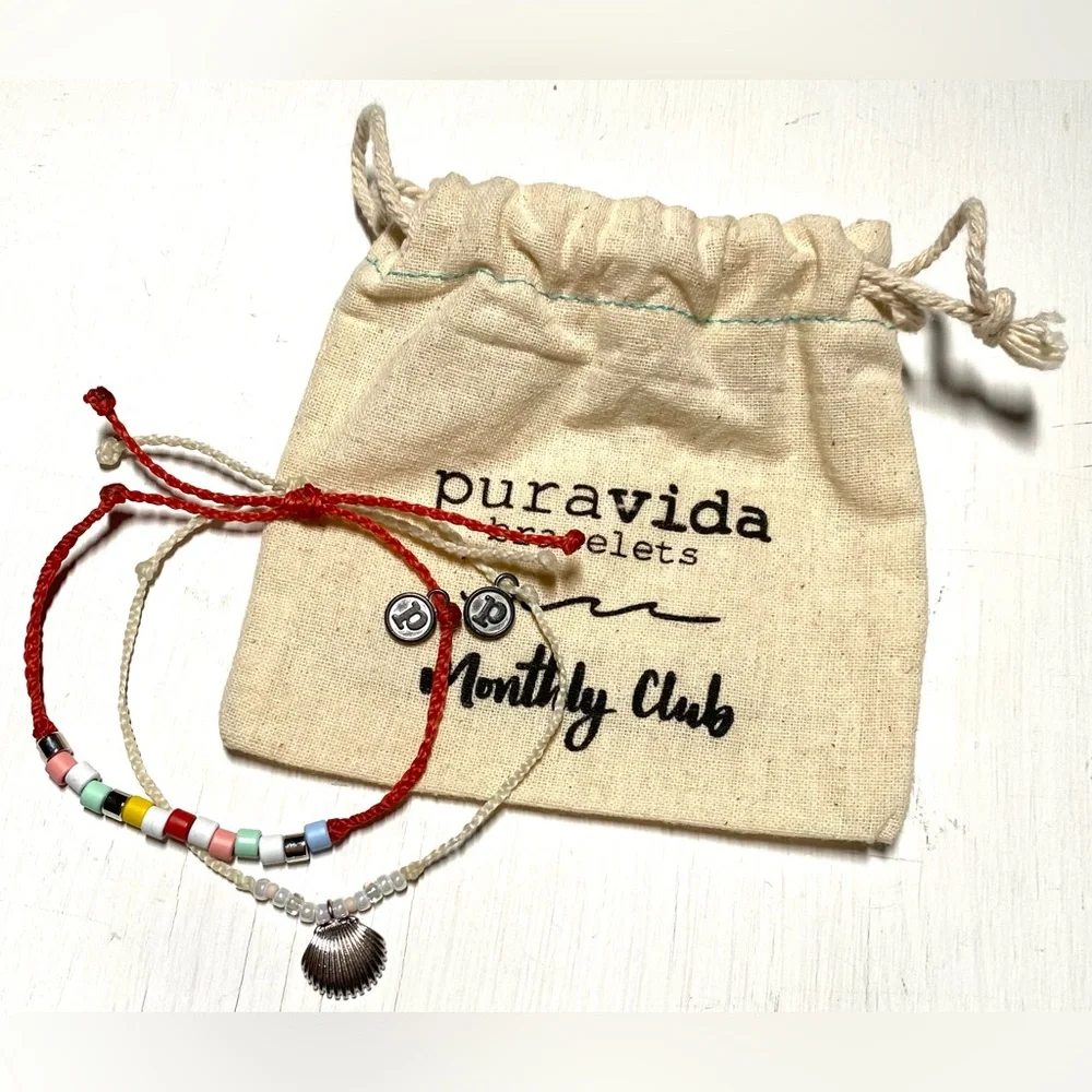 PuraVida Cream Red Braided Beaded Shell Charm String Bracelets Boho Y2K Festival
